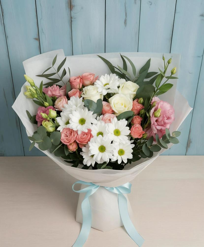 Букет цветов из: Розы, Лизиантусы и Хризантемы в Дрезне