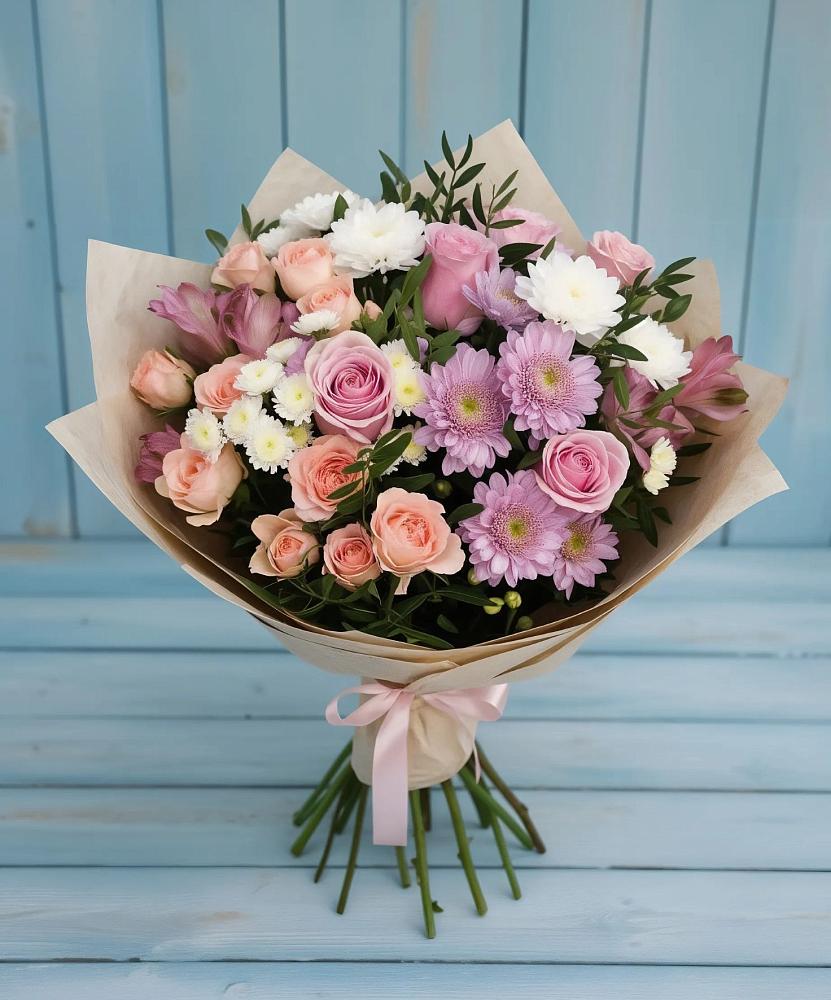 Букет цветов из: Хризантемы, Розы и Альстромерии в Дрезне