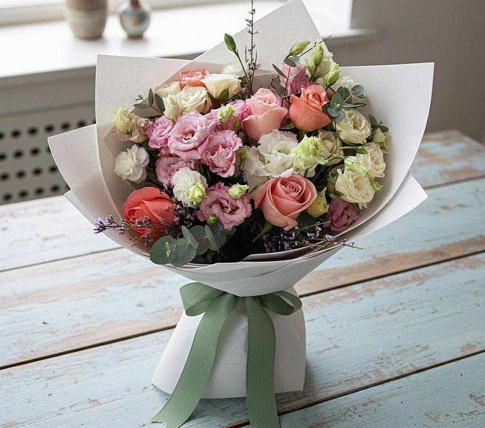 Букет цветов из: Розы, Лизиантусы и Гвоздики в Дрезне