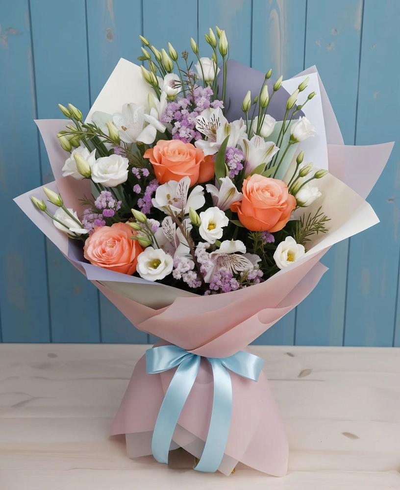 Букет цветов из: Лизиантусы, Розы, Альстромерии и Гипсофила в Дрезне