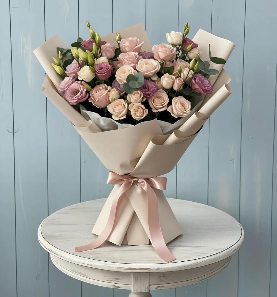 Букет цветов из: Розы и Лизиантусы в Дрезне