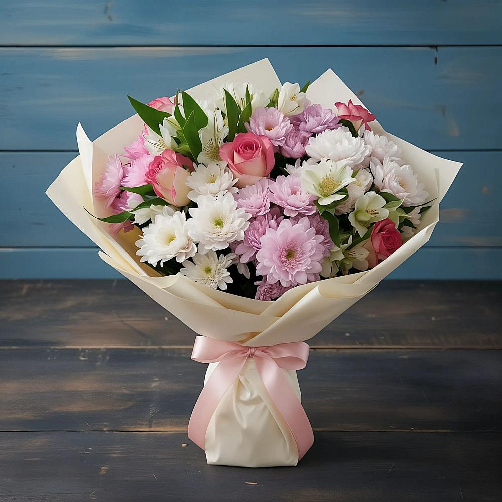 Букет цветов из: Хризантемы, Альстромерии и Розы в Дрезне